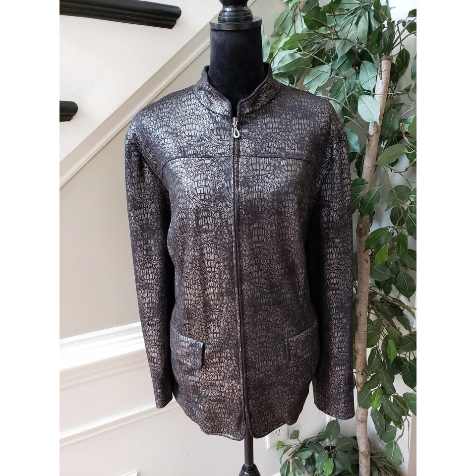 Alfred Dunner Womens Jacket Size Plus 18W Silver Black Reptile Snake Zip Front - Image 2 of 4