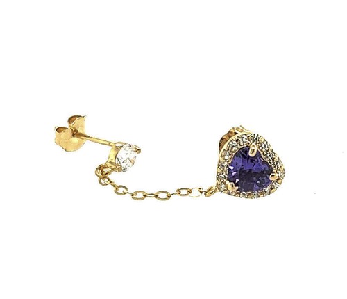 14k Yellow Gold Halo Heart CZ Stud Earrings with chain Push back - Picture 10 of 15