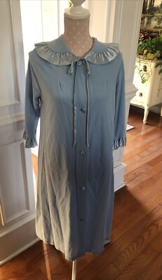 Vintage Flannel Robe Satin Ruffle Small Button Granny Blue Union Made USA