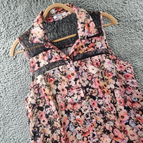 Valleygirl Womens Blouse Top Size 12 Pink Black Floral Lace Trim Sleeveless - Picture 2 of 13