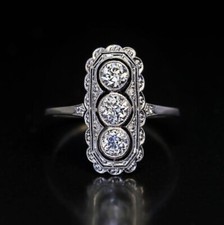 Three Stone Art Deco Ring, Old European Cut CZ Ring, Wedding Engagement SS Ring