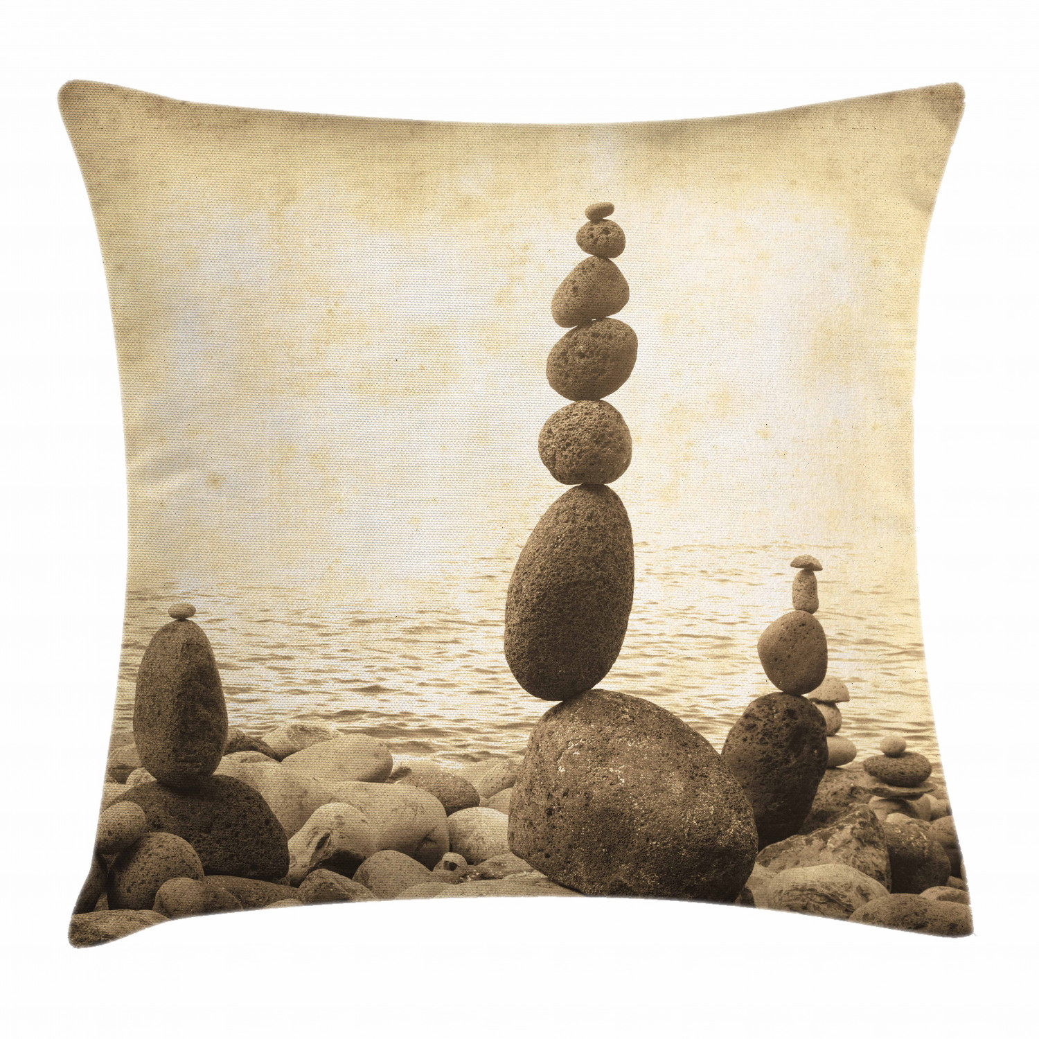 Earthy Zen Rock Beach Throw Pillow Cover 24 Inch Square Calm Sepia Art