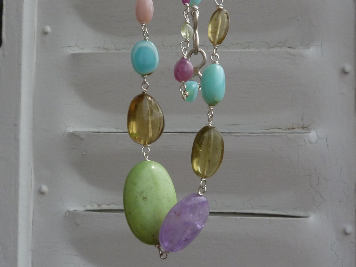 Collier Argent 925 Avec Pierres Naturelles - Magnésite, Opale, Grenat, Tourmaline, Quartz Citron, Améthyste