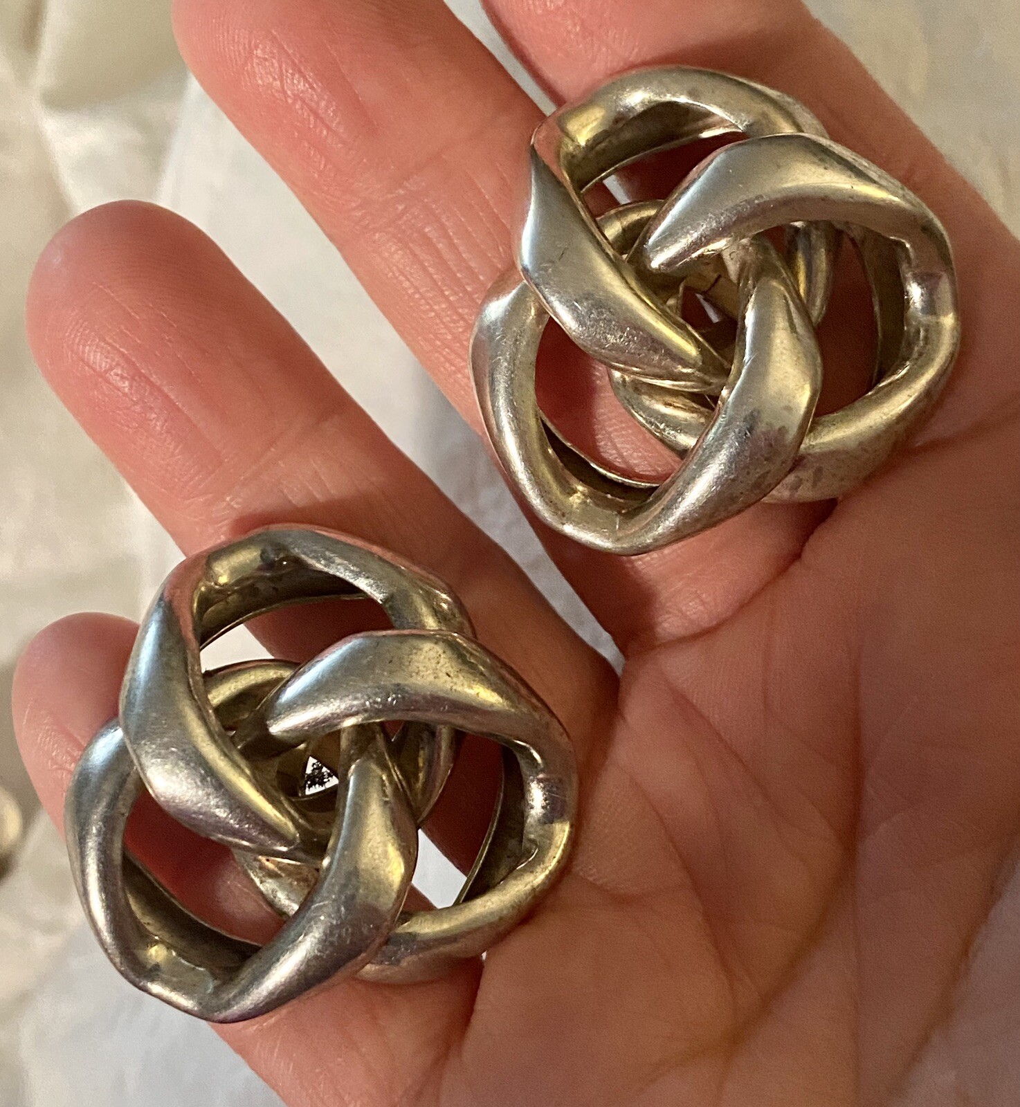 Large Important Sterling Silver Knot Earrings 14k… - image 1