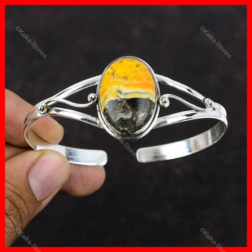 Natural Bumble Bee Jasper 925 Sterling Silver Halloween Daughter Bangle Bracelet - Picture 3 of 6