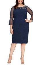NEW ALEX EVENINGS Sheath Crepe Dress Beaded Illusion Bell Sleeve Blue SZ 14P
