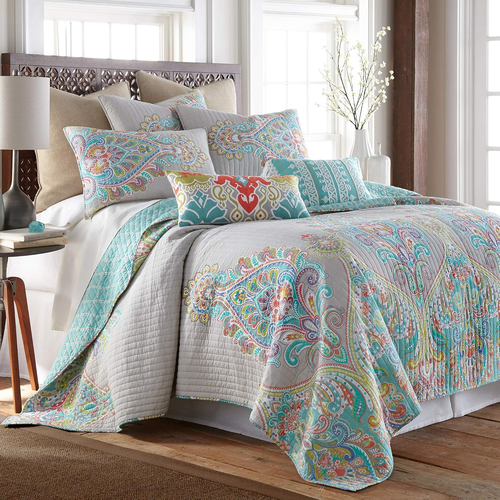 Deniza King Quilt Set, Paisley, 100% Cotton, Grey, Teal, Red