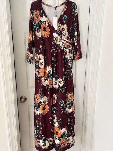 Zattcas Women Faux Wrap V Neck Vintage Floral Lace Long Sleeve Maxi Dress XXL