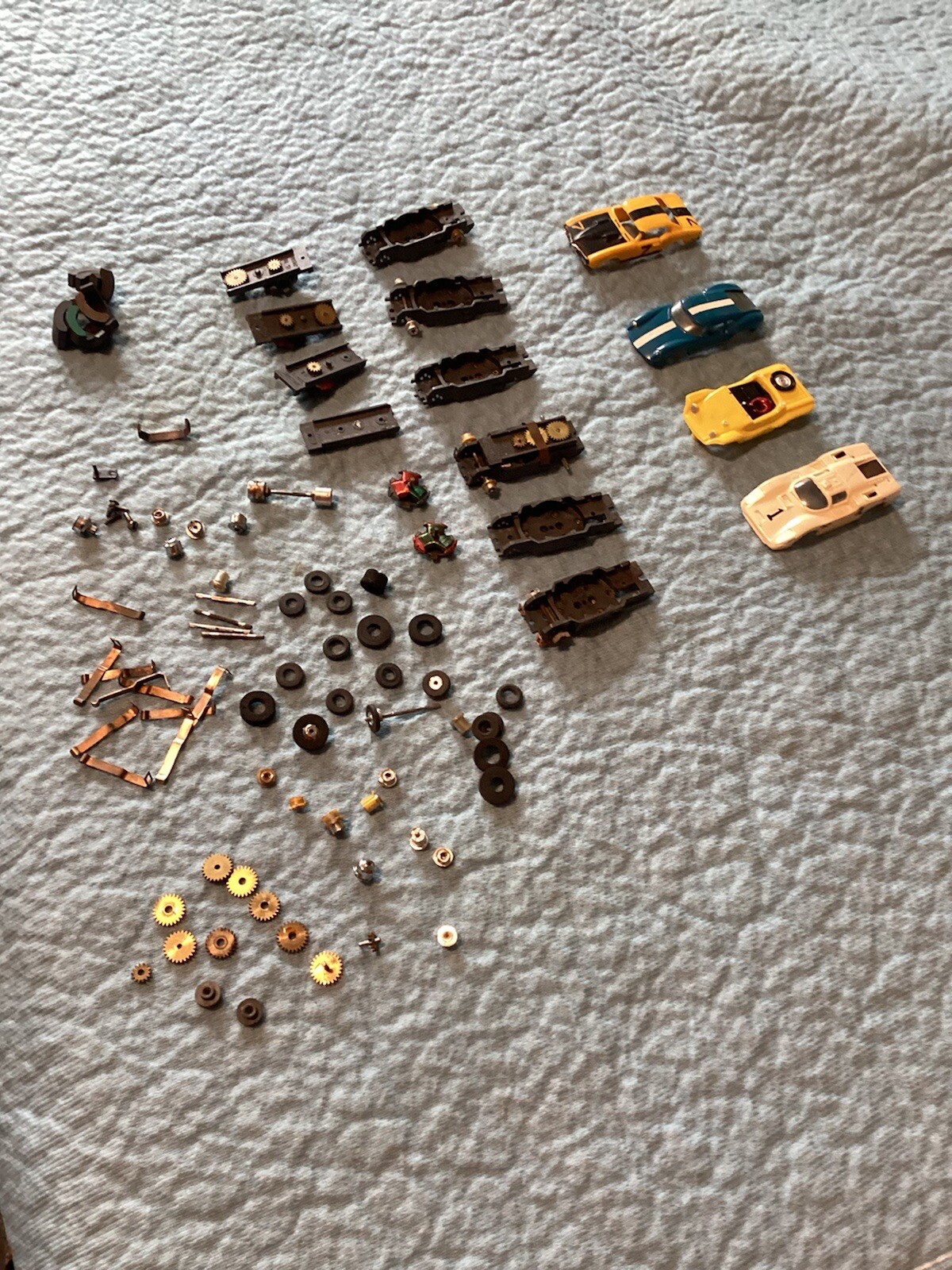 aurora t jet slot car bodie and chassis parts lot. gears ,rims,mags