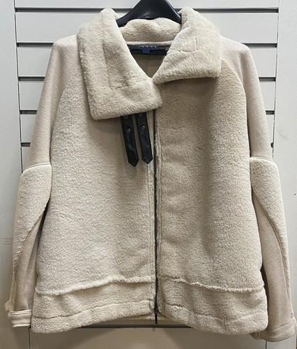 Armani Jeans Womens 8 Faux Fur Coat Cream Full Zip Knit Fleece Bomber Jacket