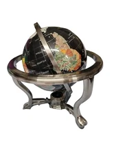 Semi-Precious Gemstone & Crystal Inlaid Globe 14" Black Onyx Setting Silver Tone