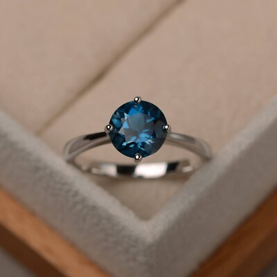 7mm Round Cut London Blue Topaz 925 Sterling Silver Ring Wedding ...