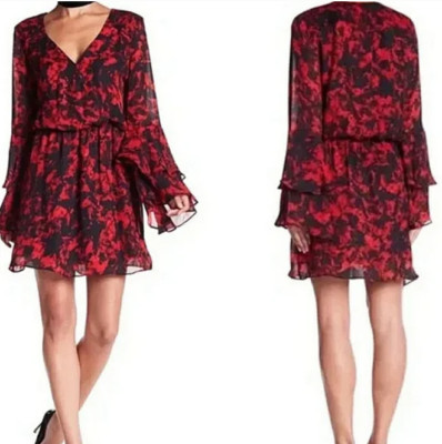Parker V Neck Red Bell Sleeve Ruffle Floral Print Dress Size M