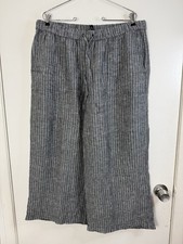 Eileen Fisher blue, and white striped wide leg cropped linen drawstring pants L