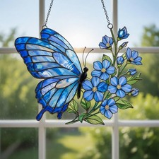 Personalized Blue Butterfly Memorial Suncatcher Decor, Custom Forget-Me-Not Gift