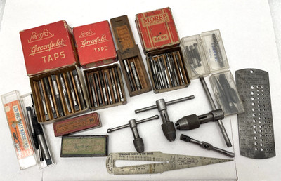 VINTAGE GREENFIELD TAP DIE TOOLING LOT MORSE STARRETT GAGE SCREW EXTRACTOR LOT
