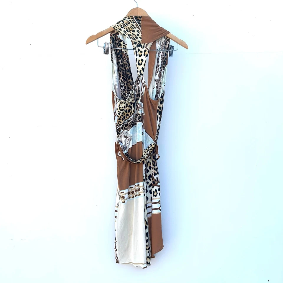 Vintage Roberto Cavalli Y2K Leopard Patchwork Halter Mini Dress 42 Size 8 - Image 3 of 4