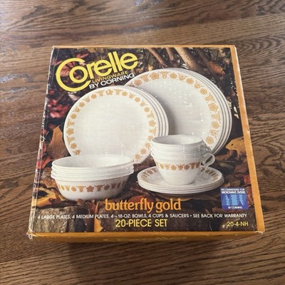 NOS Corelle Butterfly Gold 16 Pc Set Service For 4 Sealed Corning Vintage NIB