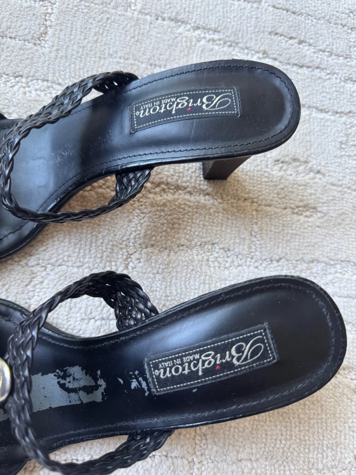 Sandalias De Colección Y2K Brighton Rebeca Gatito Tacón Cuero Negro Plata Acento 9N Foto 2 de 4