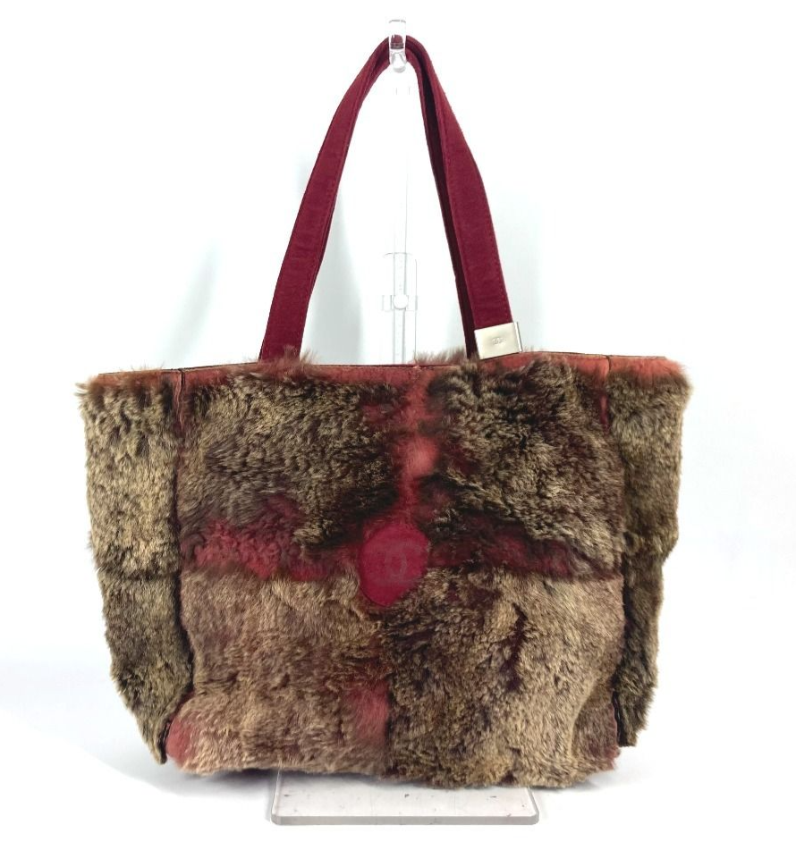 CHANEL Lapin Rabbit Fur Tote Bag Coco Mark Brown Red with Mini