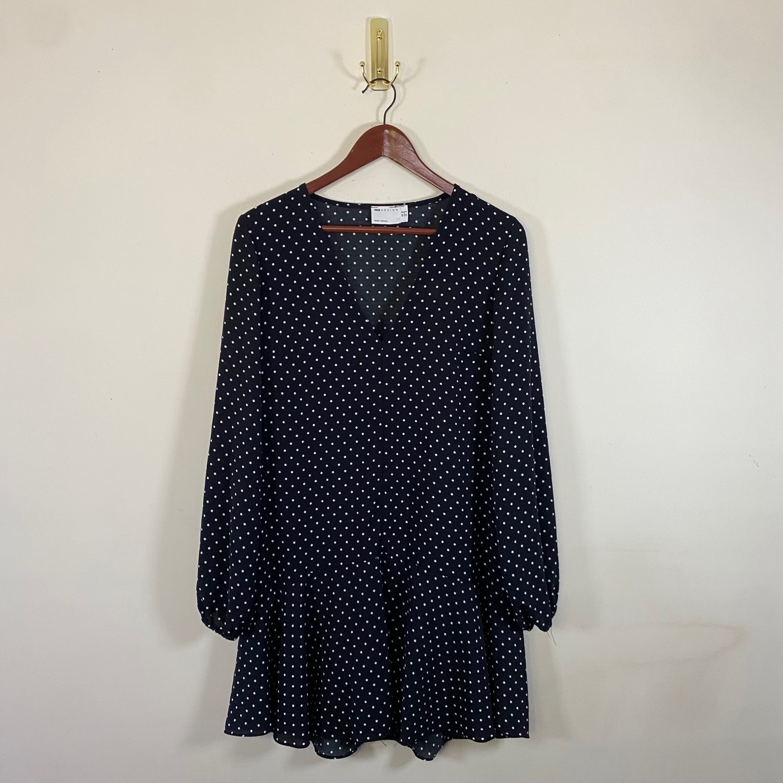 ASOS Design Black and White Polka Dot Long Sleeve Mini Dress Womens 8 drop waist