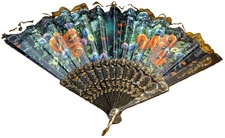 Floral Display Black & Gold 9.5" Hand FAN Filigree~Lace Edged~Home Decor     864