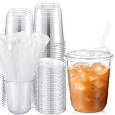 50 Pack 14 oz Clear Plastic Cups with Sip Lids  Straws, Disposable Pet Cryst...