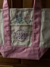 YOUR NAME Embellished Trader Joe's Mini Canvas Tote Bag Pink w/Floral Design