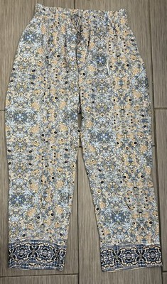 Free People  Blue/Yellow Floral Harem Pants Smocked Elastic Waist Boho Medium