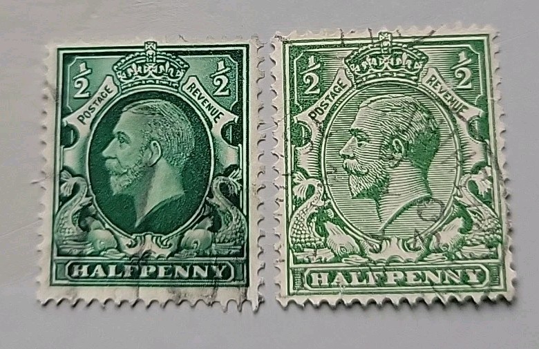 1912 George V 1/2d Stamps.2 Different Stamps, 2 Different Colors Of Green. 