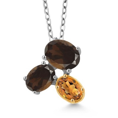 925 Silver and 10K Yellow Gold Smoky Quartz and Orange Red Madeira Citrine