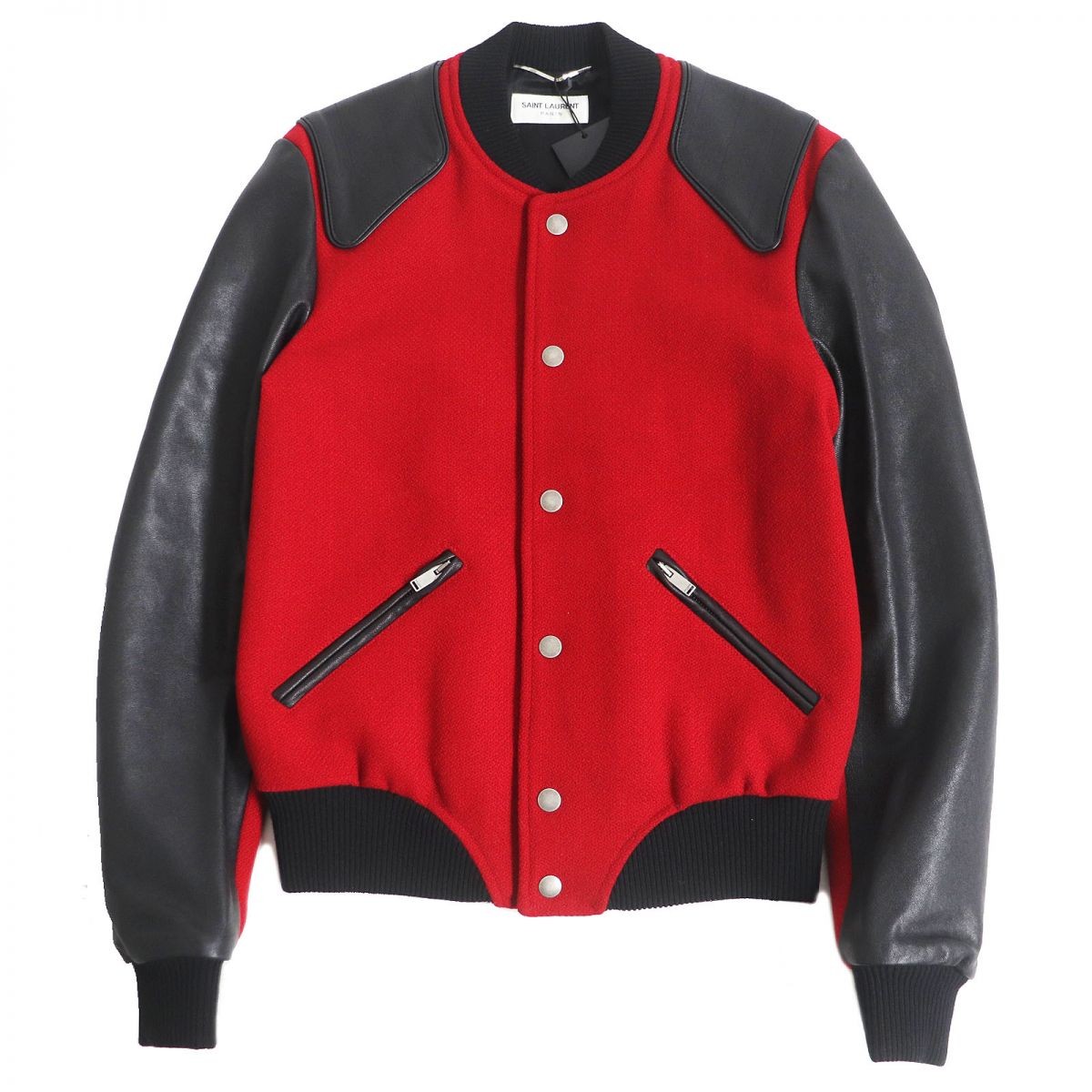 Saint Laurent Heaven Giacca Teddy Pelle di Agnello Varsity Rosso Nero 42
