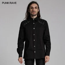 Punk Rave Men Black Gothic Punk Studded Handsome Shirt Slim Fit Blouse Tops