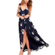 Lulus All Mine Navy Blue Floral Print High-Low Wrap Dress SMALL