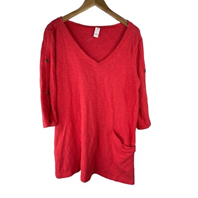 Chalet V-Neck Tunic Lagenlook 3/4 Sleeve Pullover Pocket Coral Cotton Women S