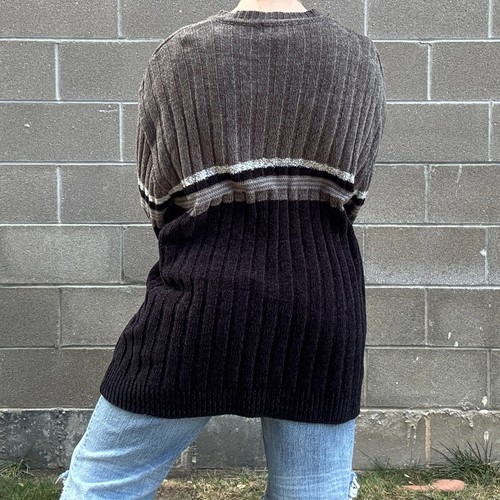 Pull vintage oversize homme XL tricot gris colorblock grunge - Photo 4/11
