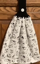 Double hanging kitchen towel multi breed dogs outlined blackcrocheted black  top