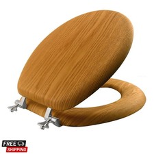 Natural Oak Veneer Toilet Seat with Chrome Hinges, Round, Wood