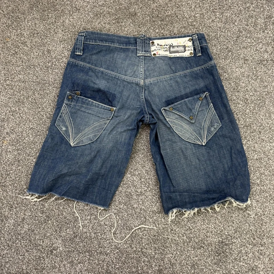 Y2K vintage low rise denim shorts jorts baggy distressed fraying hem faded studs - Image 3 of 4