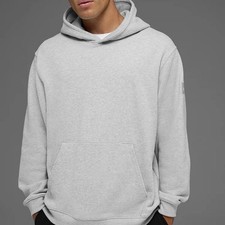 Alo Men's Gray Cotton Fleece Pullover Hoodie Logo Pockets Hooded Size M