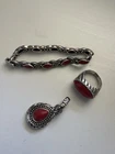 “Vintage Sterling 925 Red Cabochon Bracelet Ring Pendant Set”