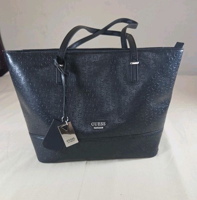 GUESS Black Logo Embossed Tote Shoulder Bag Large Faux Leather Shopper Purse