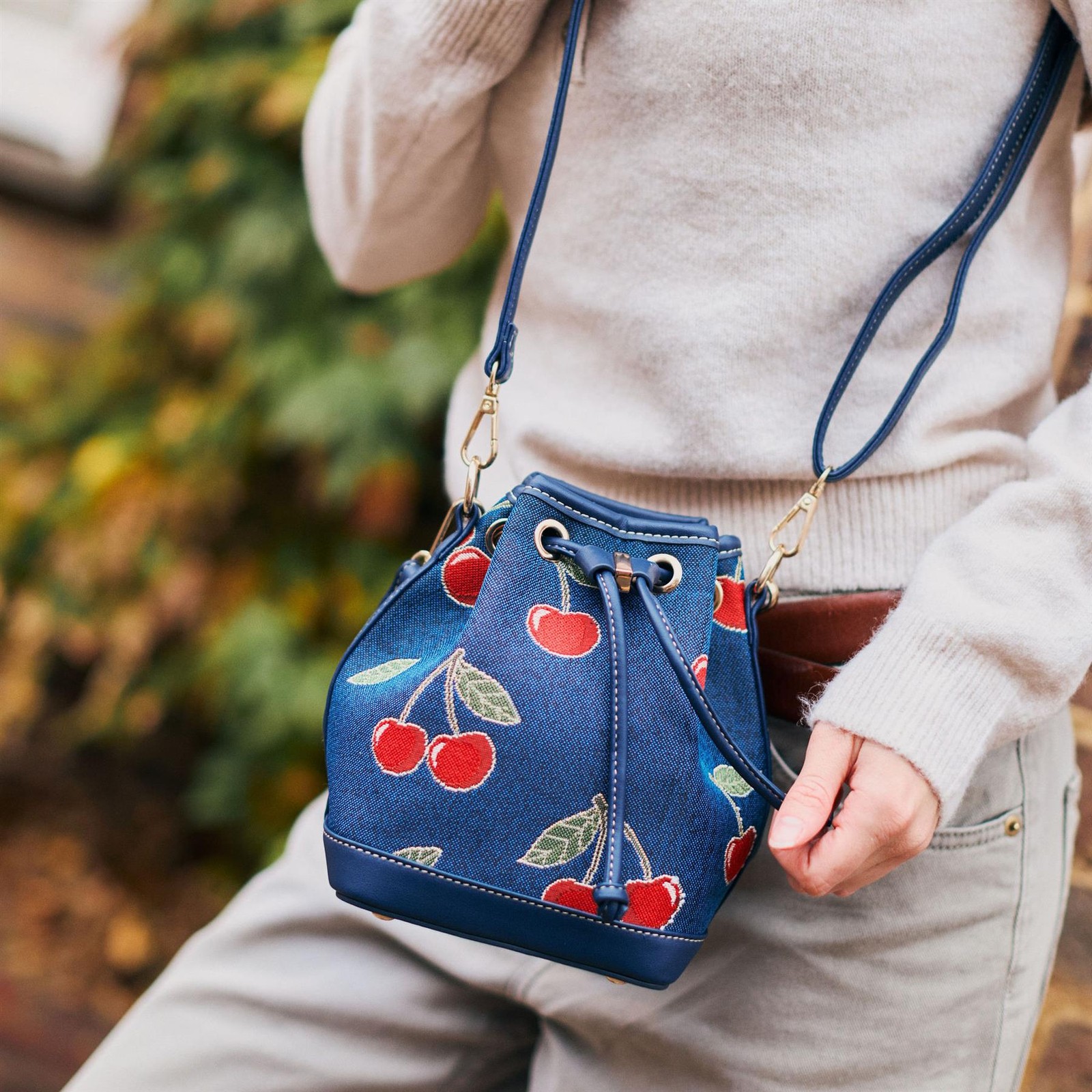 Womens Bucket Handbag Cherry Print Blue Shoulder Small Cross Body Bag Travel