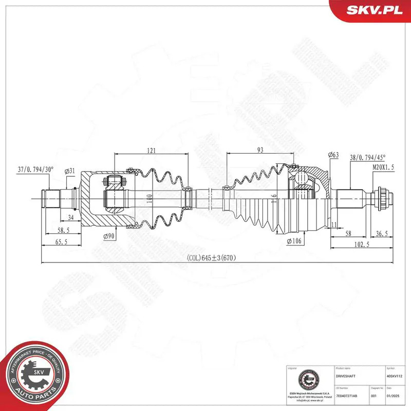Semiasse 40SKV112 ESEN SKV per VW CALIFORNIA T5 Camper CALIFORNIA T6 Camper