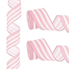 12 Yards x 2" Striped Ribbon Pink and White Wired Ribbon Linen Gift Wrapping