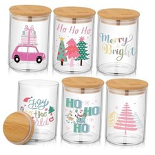6 Pcs Pastel Christmas Glass Storage Jars with Airtight Pink Christmas Tree