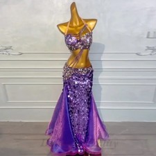Belly Dancing Costume for Women Luxury Rhinestone Bra Sequin Long Skirt 2pcs