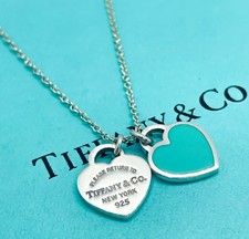 ENGRAVED BACK Tiffany  Co. Blue Mini Double Heart Tag Pendant Necklace 16"
