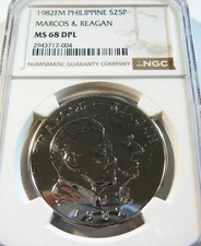 1982 PHILIPPINES SILVER 25 PISO MARCOS & REAGAN NGC MS 68 DPL