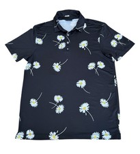 Bad Birdie Golf Polo Shirt Mens Sz M Black Daisy Print Performance Short Sleeve